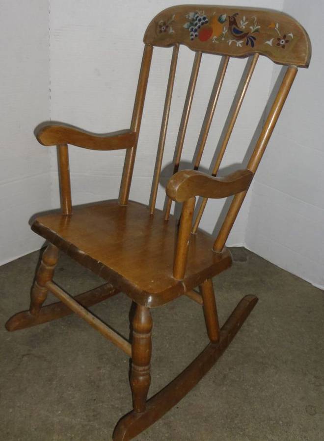 Hedstrom Vintage Childs Wood Rocking Chair Tag On Bottom Date 3 5 79 USA Made In Dothan Alabama One Leg Needs Gluing It Pops Out of Rocker Good Condition 14 W x 19 D x 20 H