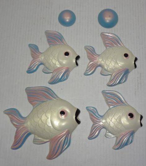 Six Piece Vintage Chalkware Fish Family And Bubbles, Each Fish is