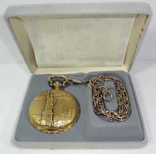 Very Nice Goldtone 1986 Statue Of Liberty Eagle Limited Edition Commemorative Pocket Watch Works Great Comes With Case New Battery 1 3 4 D 12 L Goldtone Chain Very Good Condition Auction 1BID