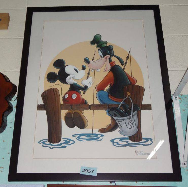 Classic Peter Emmerich Walt Disney Character Print, Mickey Mouse and Goofy  Fishing, Professionally Framed and Matted, Very Good Condition, 27W x 35H  Auction