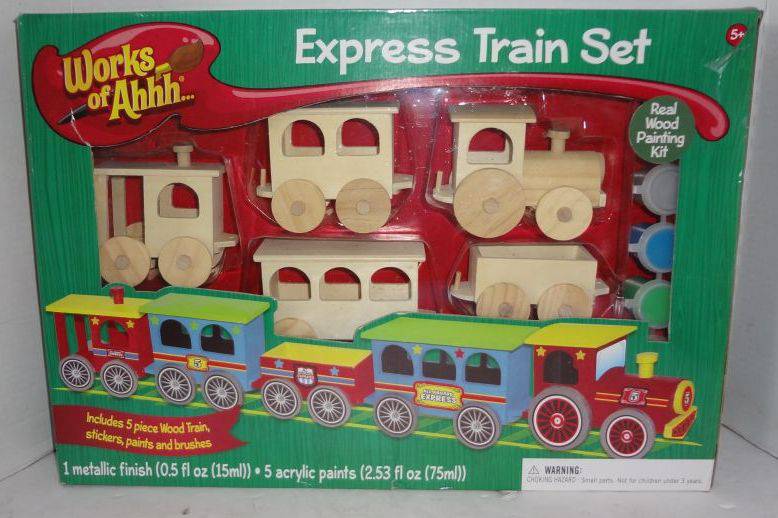 Works of Ahhh Express Train Set, New In Box, Includes 5-Piece Wood  Train, Stickers, 5 Acrylic Paint Colors and Brushes, Great Gift For 5+ Year  Old, 20W x 3 1/2D x 14H