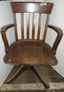 Antique Solid Wood Office Chair By Murphy on Casters Seat Has