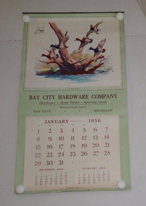 1956 Bay City Hardware Co. Features Five Prints By Renowned Wildlife Artist  "Sweney" Each Page Sports Two Months, (One Page is Missing For Sept. & Oct.  If You're From Bay City and