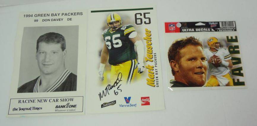 Three Piece Green Bay Packers NFL Lot, Brett Favre Decal, Don Davey  Picture, Mark Tauscher Autographed Pic No COA, 4' x 5 1/2' and 5 1/2' x 8  1/2' Auction