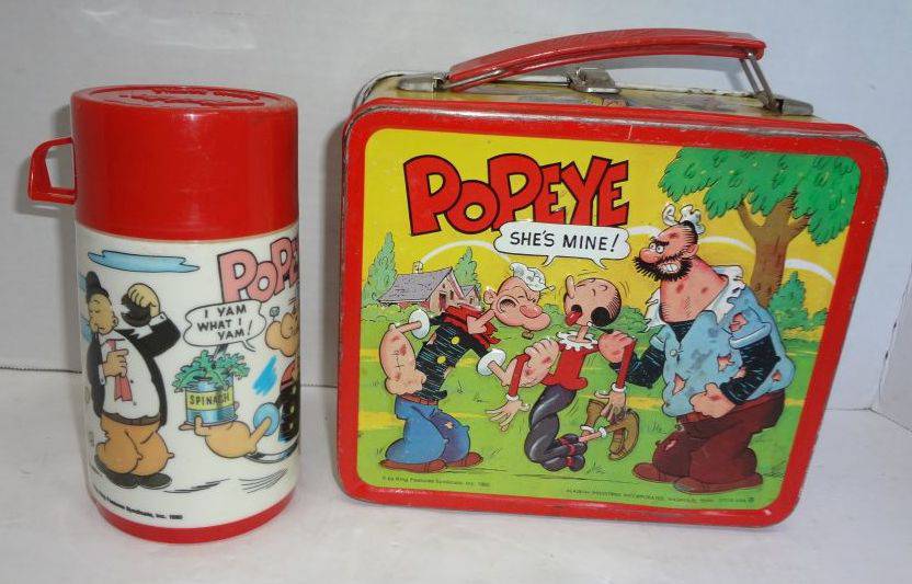 1980 Popeye Metal Lunch Box and Thermos, Box Has Rust But Handle