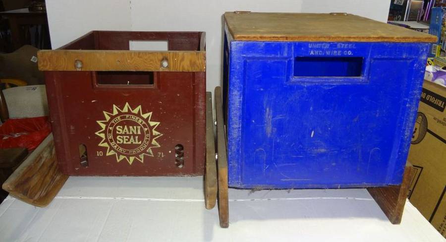 2) Vintage Milk Crates Made Into Ice Fishing Sleds, Crates 14L x 13W x  11H, With Homemade Skis to Pull on Ice, Good Condition Auction