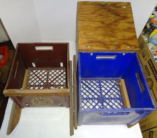 2) Vintage Milk Crates Made Into Ice Fishing Sleds, Crates 14L x 13W x  11H, With Homemade Skis to Pull on Ice, Good Condition Auction