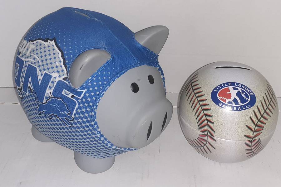 Detroit Lions Plastic Piggy Bank With Baseball Bank, Good Condition, 9'L x  6'H Auction