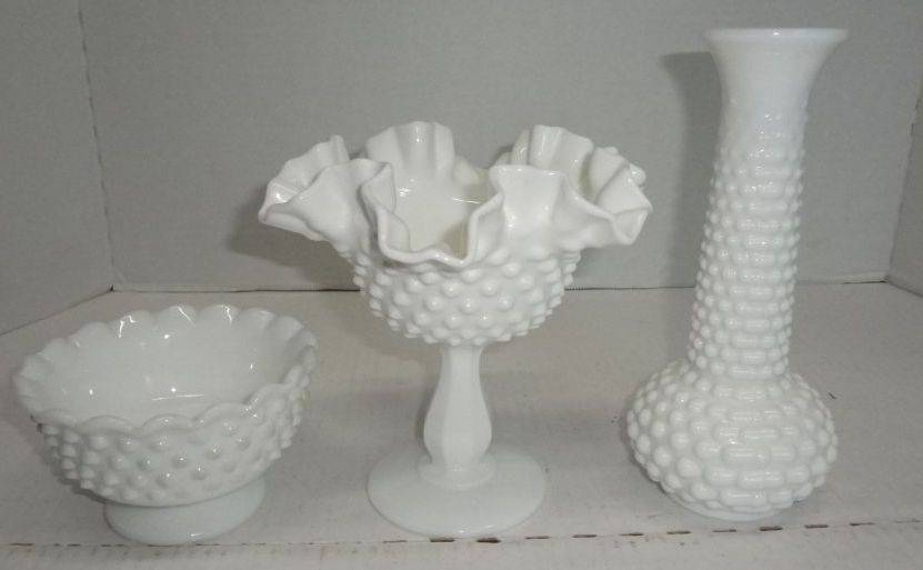 Sold at Auction: MILK GLASS CANDY DISH AND VASES