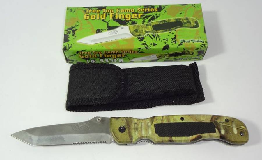 New Old Stock Frost Cutlery Folding Knife Tree Top Camo Series, Gold Finger  With Nylon Sheath, 16-535CA 6L Auction