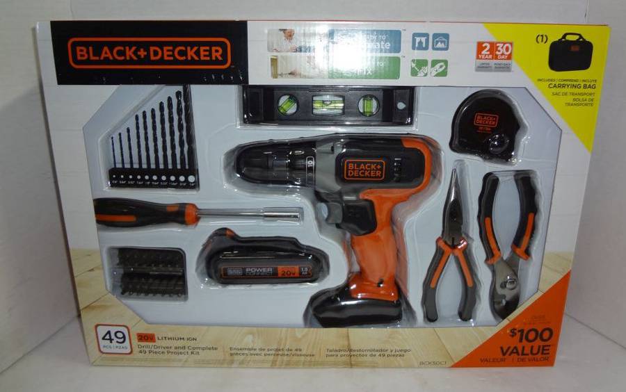Black & Decker 20V Lithium Drill, Driver, Complete (49) Piece Project Kit,  New In Box, 19W x 4D x 13H, Also Carry Bag, Charger Level Pliers, Tape,  Bits, Great Gift Auction
