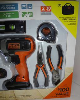 Black & Decker 20V Lithium Drill, Driver, Complete (49) Piece Project Kit,  New In Box, 19W x 4D x 13H, Also Carry Bag, Charger Level Pliers, Tape,  Bits, Great Gift Auction