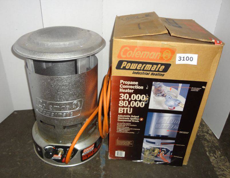 Coleman Propane Powermate Industrial Heater, 30,000 to 80,000 BTU,  Adjustable Output, Electronic Ignition, Commercial Grade, Box is 14 x 14  x 22T, Very Good Condition Auction | 1BID