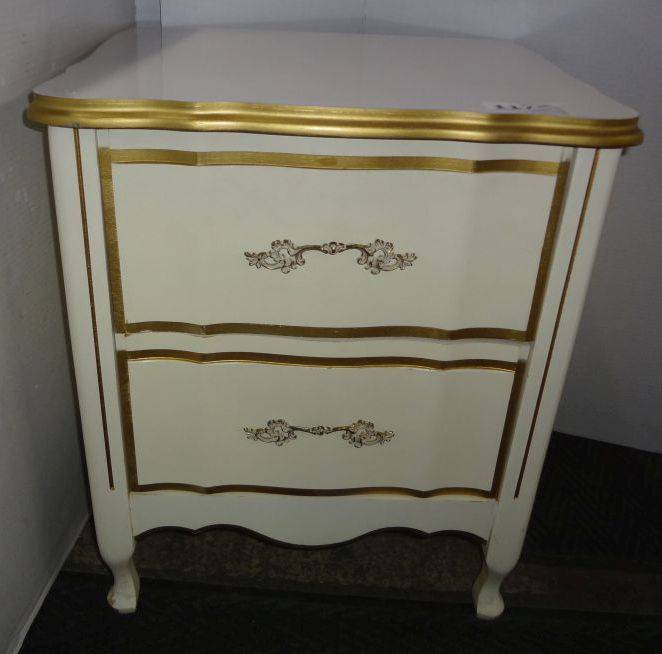 Vintage Montgomery Ward 2-Drawer Side Table/Night Stand, White Painted Wood With Gold Trim, Matches Lot 1299, Very Good Condition, 19"W x 16 1/2"D x 24"H Auction | 1BID Vintage Montgomery Ward 2-Drawer Side Table/Night Stand, White Painted Wood With Gold Trim, Matches Lot 1299, Very Good Condition, 19"W x 16 1/2"D x 24"H Auction | 1BID