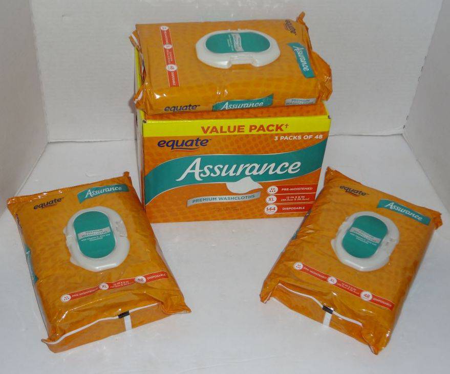 Assurance Equate Premium Washcloths Pre Moistened 12 x 8 Case of Three  Packs, Each Pack Has 48 Auction
