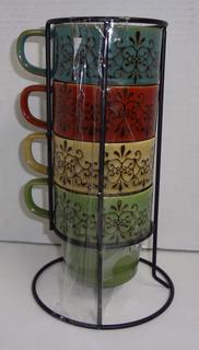 Set of 4 Pier One Imports Stackable Coffee Mugs, Vintage Inspired