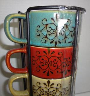 Set of 4 Pier One Imports Stackable Coffee Mugs, Vintage Inspired