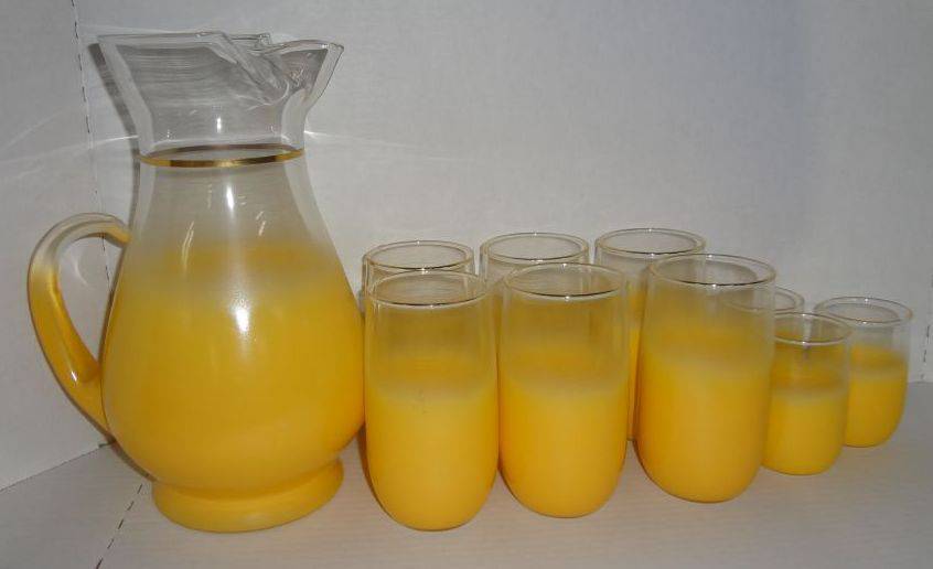 Sold at Auction: Glass Juice Pitcher With 5 Glasses