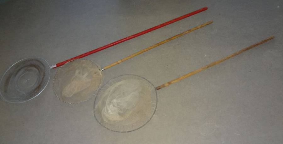 Wire Smelt Dipping Net & Two Vintage Fishing Nets, All with Wood