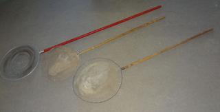 Wire Smelt Dipping Net & Two Vintage Fishing Nets, All with Wood Handle,  Vintage Nets are Torn & Best for Display, Smelt Net is in Good Condition,  15 to 18Dia Hoops Auction