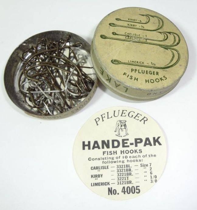 Vintage Pflueger Hande Pak Fish Hook, Assortment Tin No. 4005 And 25 Of The  50 Hooks Are Here Along With Circle Paper Advertising Insert Like New All  Hooks, Shiny Bright or Clean Bronze Look, Very Good Condition, Tin 2 x 1  Auction