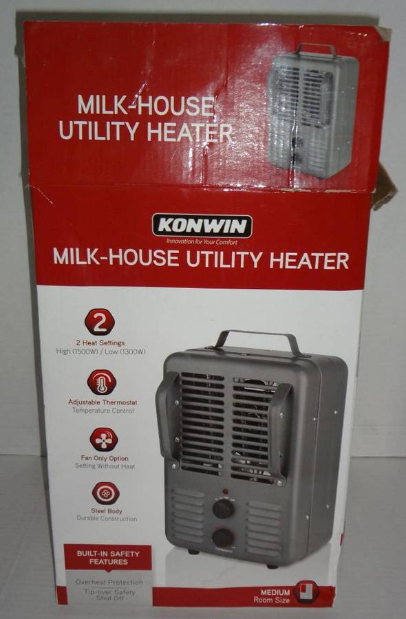 Konwin Milkhouse Utility Heater, Model HFH1500, 120V 12.5A, 1500W Max, 77L  Cord, Two Heat Settings, Adjustable Thermostat, Fan Only Option, Steel  Body, Includes Built In Safety Features, In Original Box, Lightly Used
