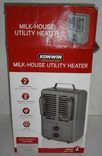 Konwin Milkhouse Utility Heater, Model HFH1500, 120V 12.5A, 1500W Max, 77L  Cord, Two Heat Settings, Adjustable Thermostat, Fan Only Option, Steel  Body, Includes Built In Safety Features, In Original Box, Lightly Used in  Good Condition, 9 1/2W x 14 1 ...