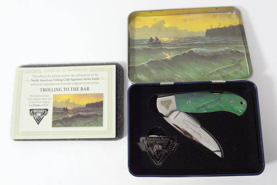 North American Fishing Club Signature Series Knife 7 1/2 With Art Logo in  Tin Box With Paperwork Auction