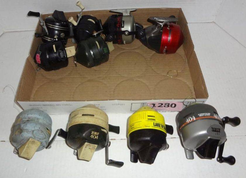 Ten Vintage Zebco Fishing Reels, (5) 202, (4) 404 and (1) Lake N Trail,  Fair to Good Condition Auction