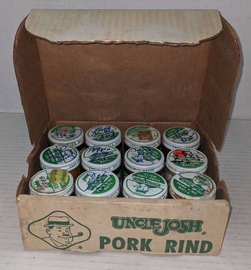 Box of 12 Jars of Uncle Josh Pork Rind Baits For Fishing, Good Condition,  Possibly New Old Stock, 6W x 8L Auction