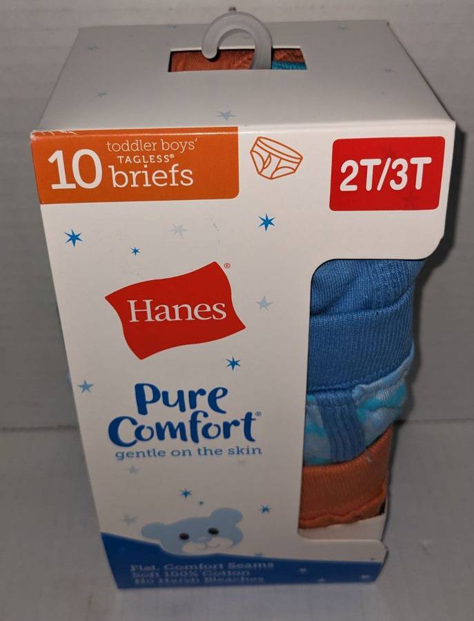 New In Package 10-Pack Toddler Boys Size 2T/3T Tagless Briefs, Hanes Pure  Comfort, Variety of Colors and Prints Auction