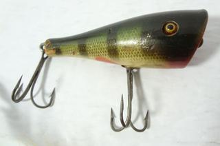 Four Vintage Wood Fishing Lures, Glass Eyes Heddon Plunker 3, 1 3