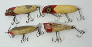 Vintage Unknown 3 Hook Wood Minnow Glass Eyes Fishing Lure (296)