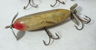 Four Vintage Wood Fishing Lures, Heddon Plunker With Glass Eyes