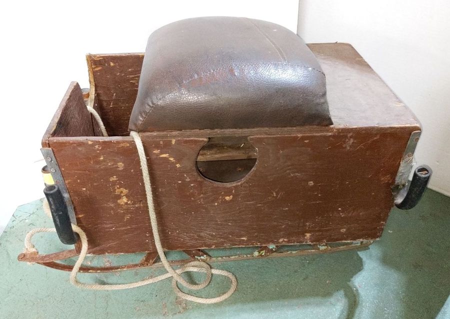 Vintage Homemade Ice Fishing Box Sled With Padded Seat, Wood Box