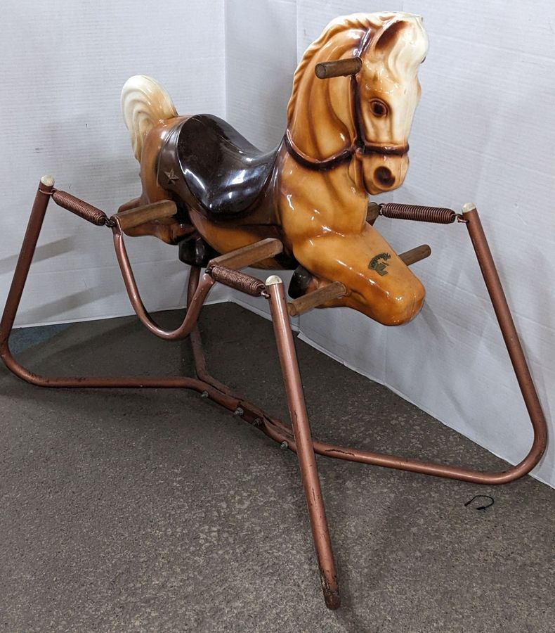 Vintage Wonder Horse Deluxe 1960 Fiberglass Spring Action Rocking Horse Includes Original Sticker But Half Worn Away This Horse Has No Cracks or Holes Few Nicks Around Saddle Has Little Grime But