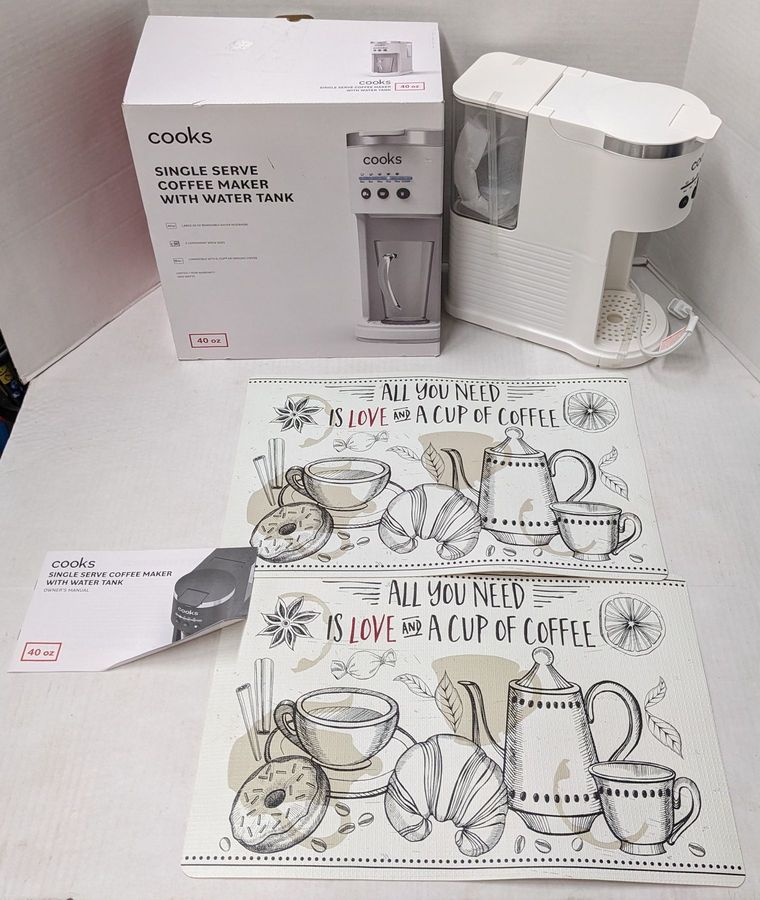 New in Box Cooks Single Serve Coffee Maker White 40 Oz. Water Tank 12 1 2 x 7 D x 13 H 2 Plastic 18 x 12 Coffee Themed Placemats in Good Condition Auction 1BID