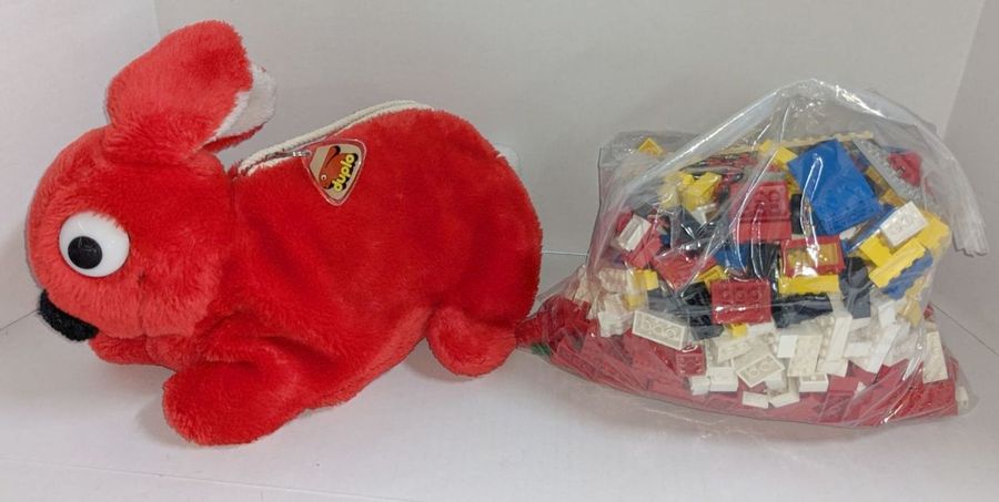Collectors Vintage Lego Duplo red Rabbit Storage Plush With