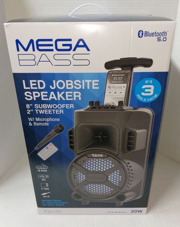 New Mega Bass LED Jobsite Speaker With Microphone and Remote, 8 