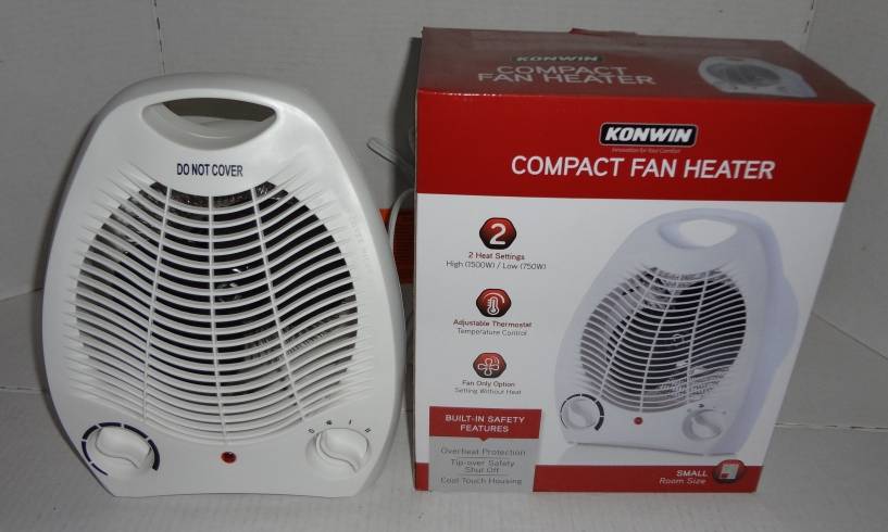 New In Box! Konwin Compact Fan Heater, Two Settings, Low And High,  Adjustable Thermostat For Temperature Control, Fun Only Option, Built In  Safety Features, Cool To Touch, From A Pet-Free And Smoke-Free