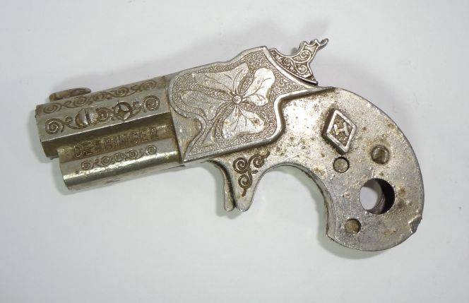 Vintage Hubley Miniature Derringer Metal Toy Cap Gun, From 1950's, Works,  Missing Plastic on Handle, 3 1/2