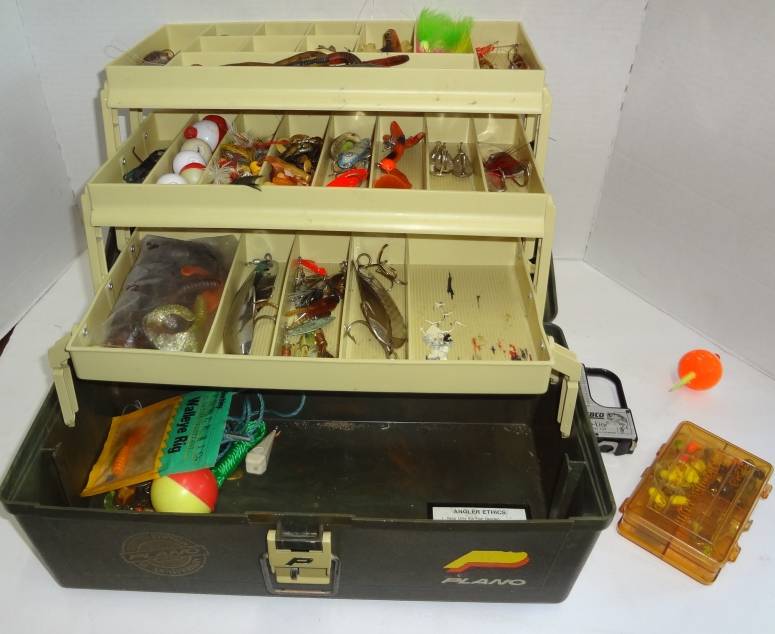 Plano Plastic Fishing Tackle Box Full of Lures, Hooks, Spoons