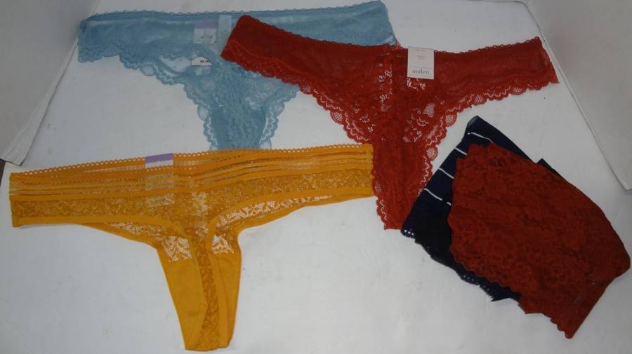 Six New Women's Auden Panties Size XL/16, Three Thongs, Blue, Gold