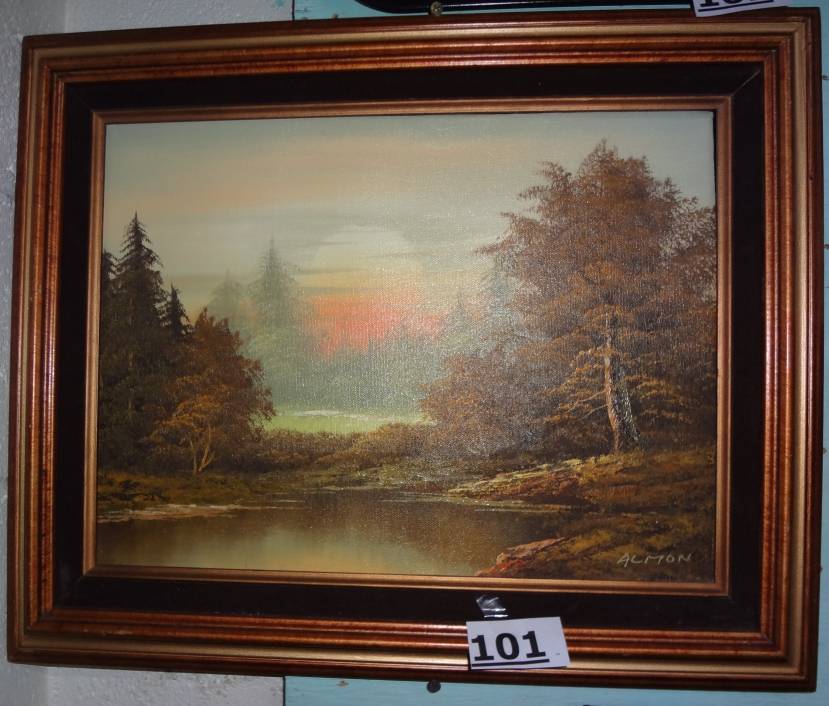 Almon SIgned Oil Painting on Canvas With Wood Frame River in