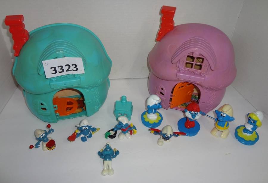 Two Vintage 1982 Peyo Smurf Talking Houses With Smurfs, Sit One of