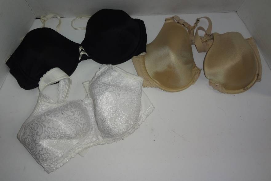 Lot of Three Bras, One Size 36C By Playtex #4088 Has Safety Pin on Strap,  Plastic Holder is Broken, Maidenform #SN7112 Size 36D Has Few Fuzzies and  Stains, Last is Gilligan O'Malley