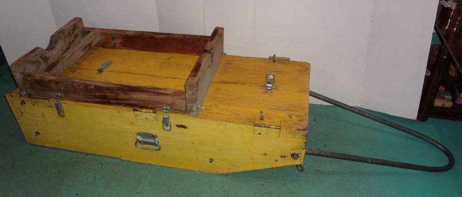 Vintage Wood Ice Fishing SLed, Latched Inside Compartments, Metal Runners,  Repaint in Your Colors, Solid, Good Condition, Top Rack Carries Auger, 19W  x 48L x 17H With 25L Handle Auction