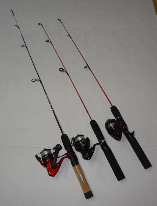 Three Fishing Poles, 31 Rods With Reels, Zebco Dock Demon Open