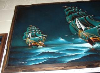 Black Velvet Painting of Three Tall Ships in Rustic Wood Frame 29