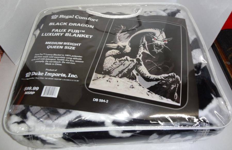 New In Package Queen Size Mink Blanket Black and White Dragon